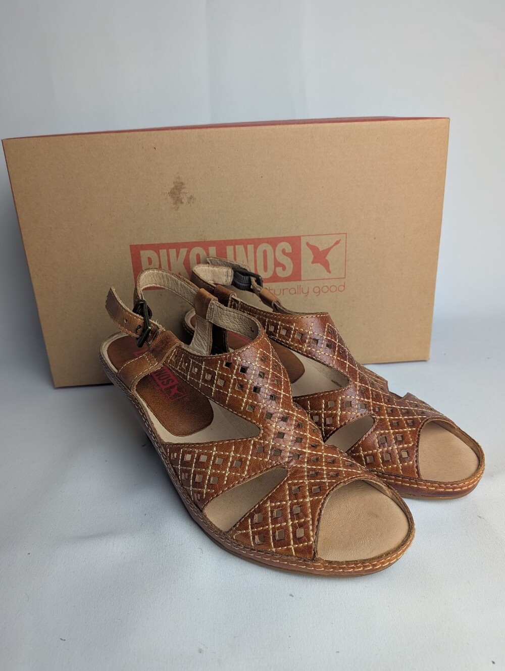 PIKOLINOS Brandy Women Sandals Tan Color Leather Size 36 = 5.5, 6 US Small Heel